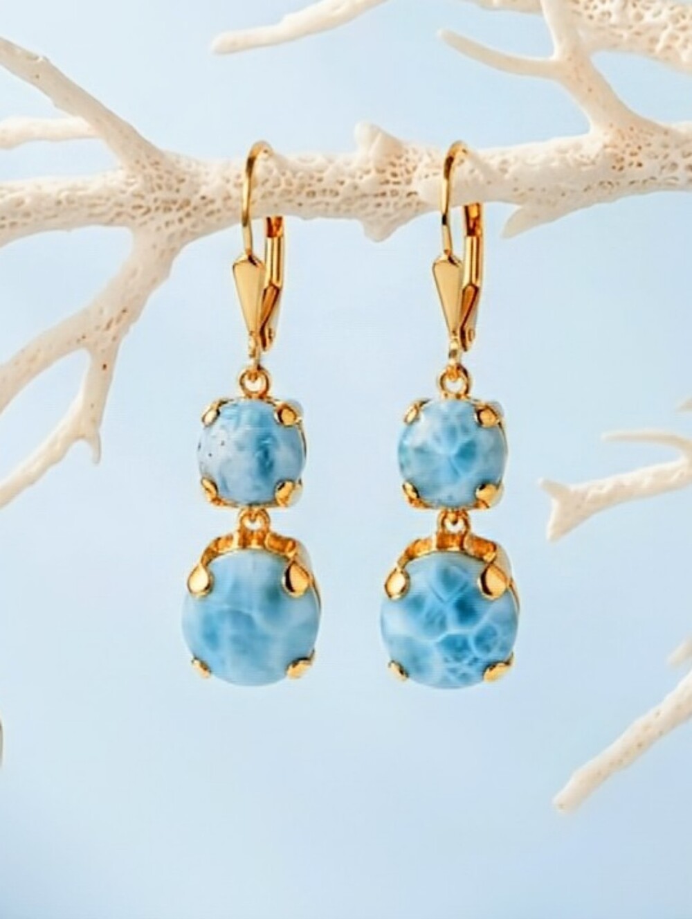 Heavenly Genuine Blue Larimar In Dainty Two Stone Gold Plated Drop Earrings